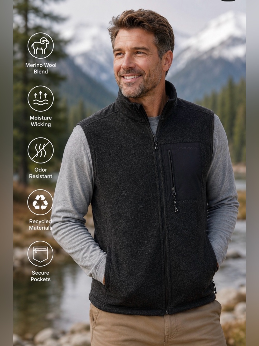 Smartwool Mens XL Fleece Vest Charcoal Merino Wool Second Cut Zip‎ Zip NWT